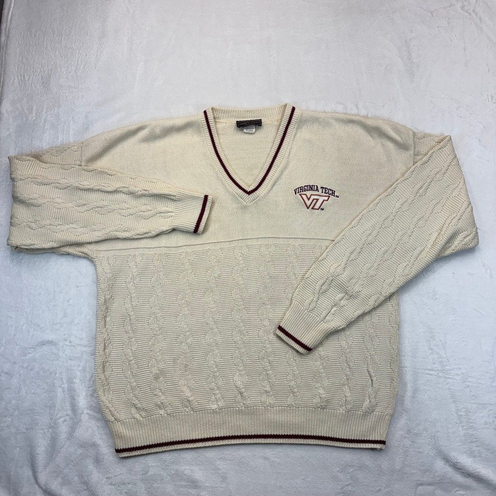 Andrew Rohan Virginia Tech Hokies Sweater 2XL Cream Cotton V-Neck USA VT Vintage